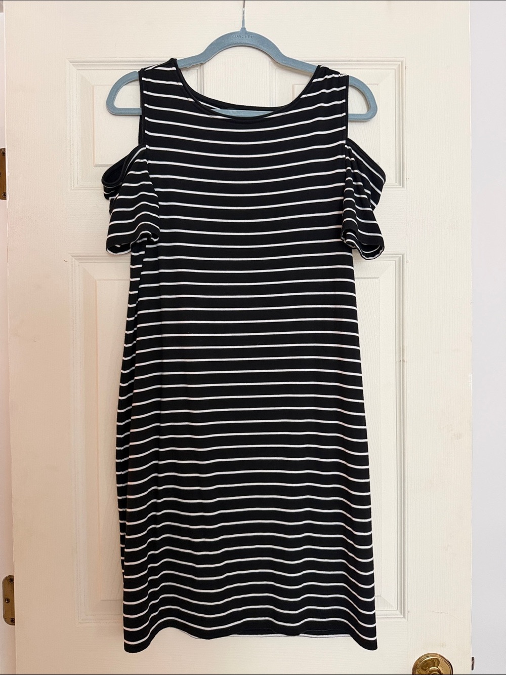 White House Black Market Black & White Striped Cold-Shoulder Mini Dress